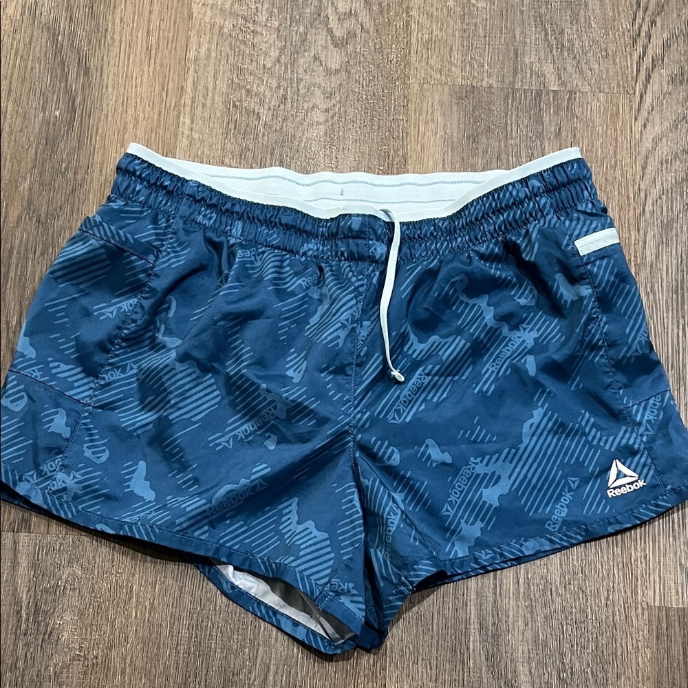 (19) Reebok Navy Patterned Running Shorts - Picture 2 of 5